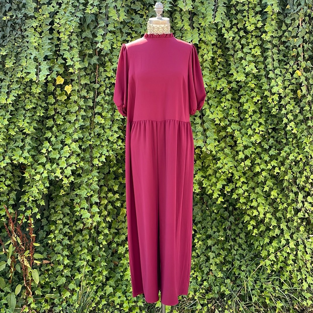 ASOS DESIGN frill neck smock jumpsuit in dark red